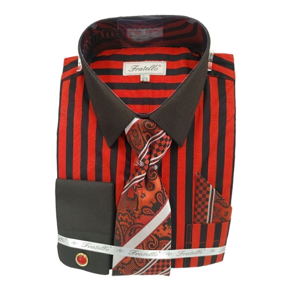 MEN'S FRATELLO BOLD BLACK/RED STRIPE FRENCH CUFF DRESS SHIRT. FRV4159P2